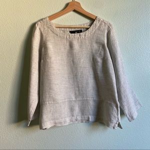 Tahari 100% Linen Striped Long Sleeve Blouse